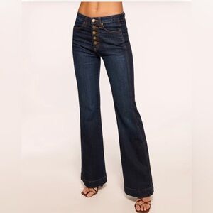 RAMY BROOK TATUM Stylish Dark Blue Buttonfly Flare Jeans w/ Frayed Bottoms
